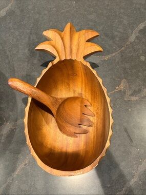 Hand-Carved Pineapple Wood Serving Bowl with Spoon - Warm Brown